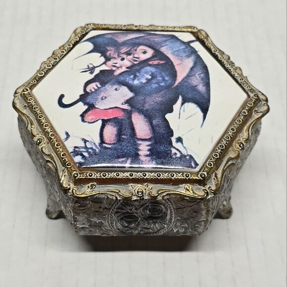 Hummel Stormy Weather Children with Umbrella Footed Metal Trinket Box VTG Japan - Picture 1 of 8